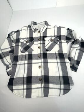 Passport Women's Sherpa Lined Plaid Flannel Shacket Jacket White Gray Large